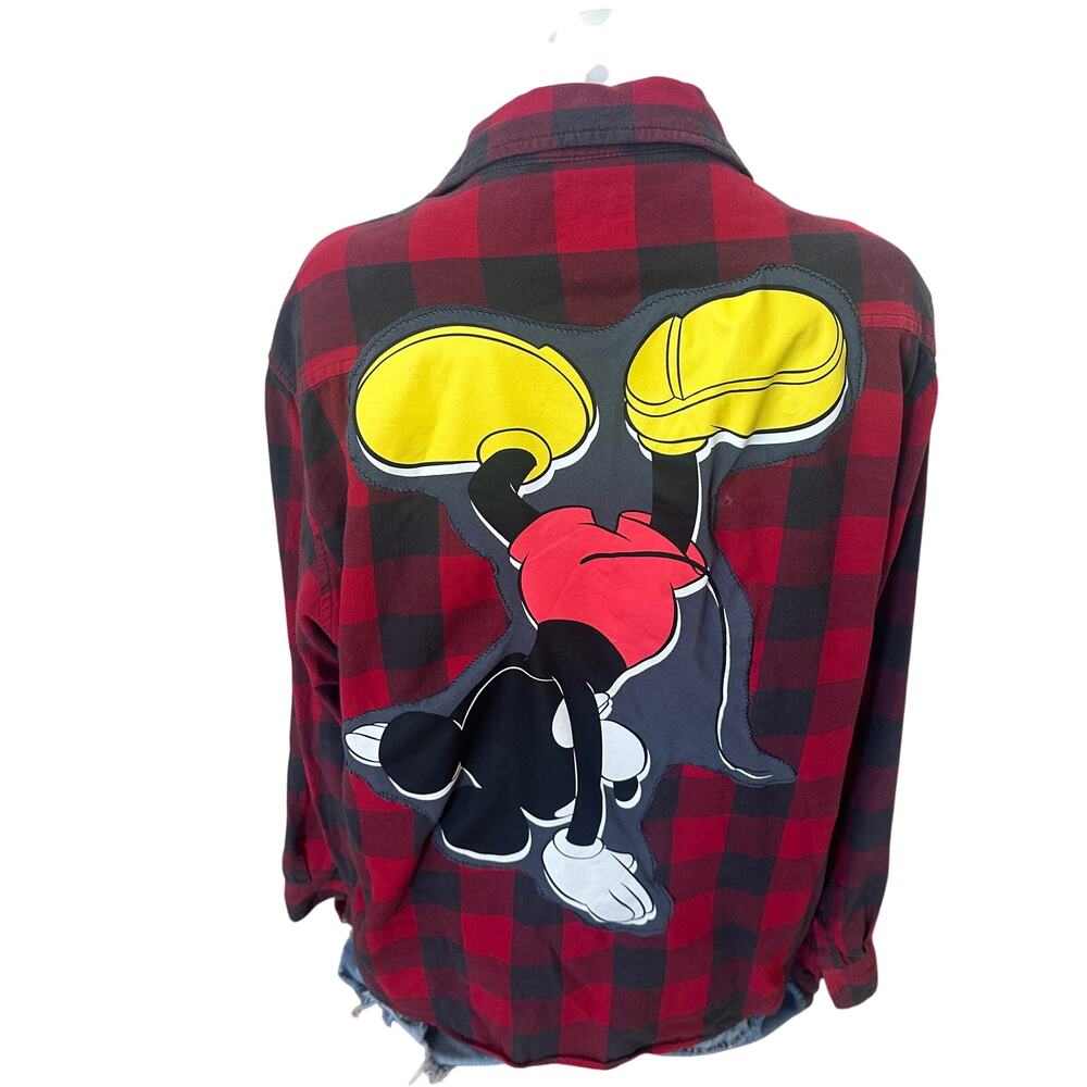 Mickey Mouse Flannel Plaid Shirt Shacket XL Red Oversize Unique Upcycled Disney